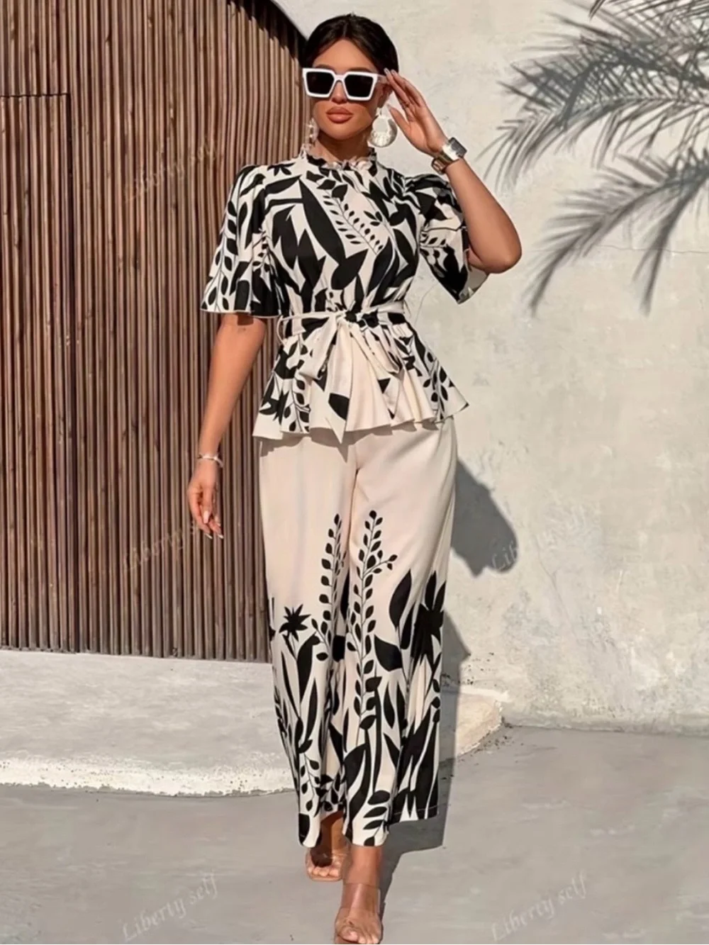 Elegant Black & Cream Printed Wide-Leg Jumpsuit